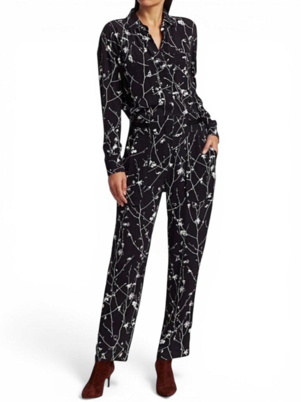 Rag & Bone Therese Black Floral Printed Long Sleeve Jumpsuit Pants Black Size 0